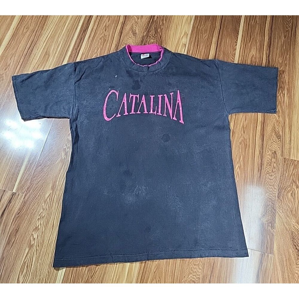 Vintage Distressed Catalina Shirt Signal Mega Tee Double Roll Sleeve Black Pink‎